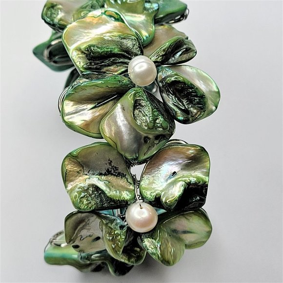 Green Pearl Adjustable Cuff Bangle Bracelet- NEW - Picture 3 of 13